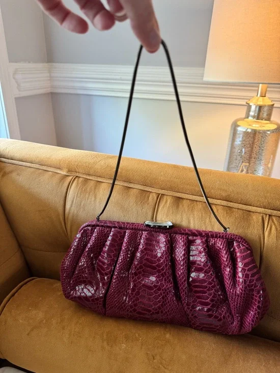Kate Landry Wine Red Snake-Texture Evening Clutch with Chain Strap - Picture 6 of 13